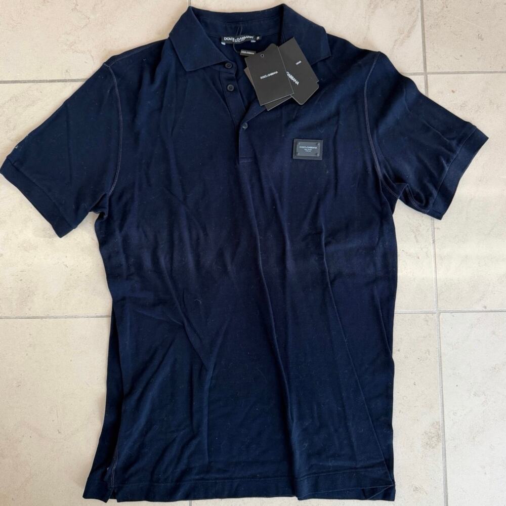 Dolce & Gabbana Polo Shirt Navy Blue Logo Patch Cotton Size 54 (XL) NWT
